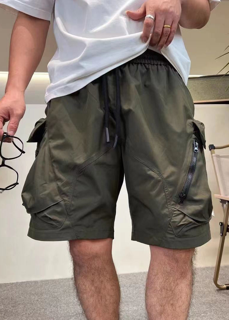Loose Army Shorts Summer Mens Up Pockets Waist Elastic Green Cotton Zip
