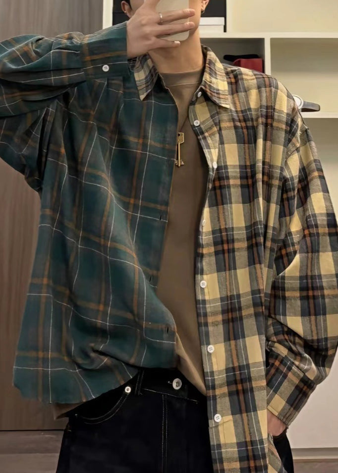 Shirts Mens Button Loose Spring Plaid Cotton Asymmetrical