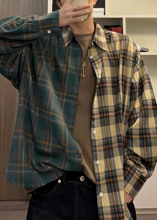 Shirts Mens Button Loose Spring Plaid Cotton Asymmetrical