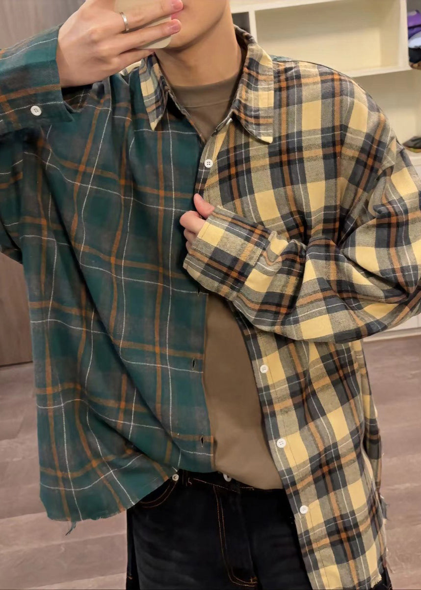 Shirts Mens Button Loose Spring Plaid Cotton Asymmetrical