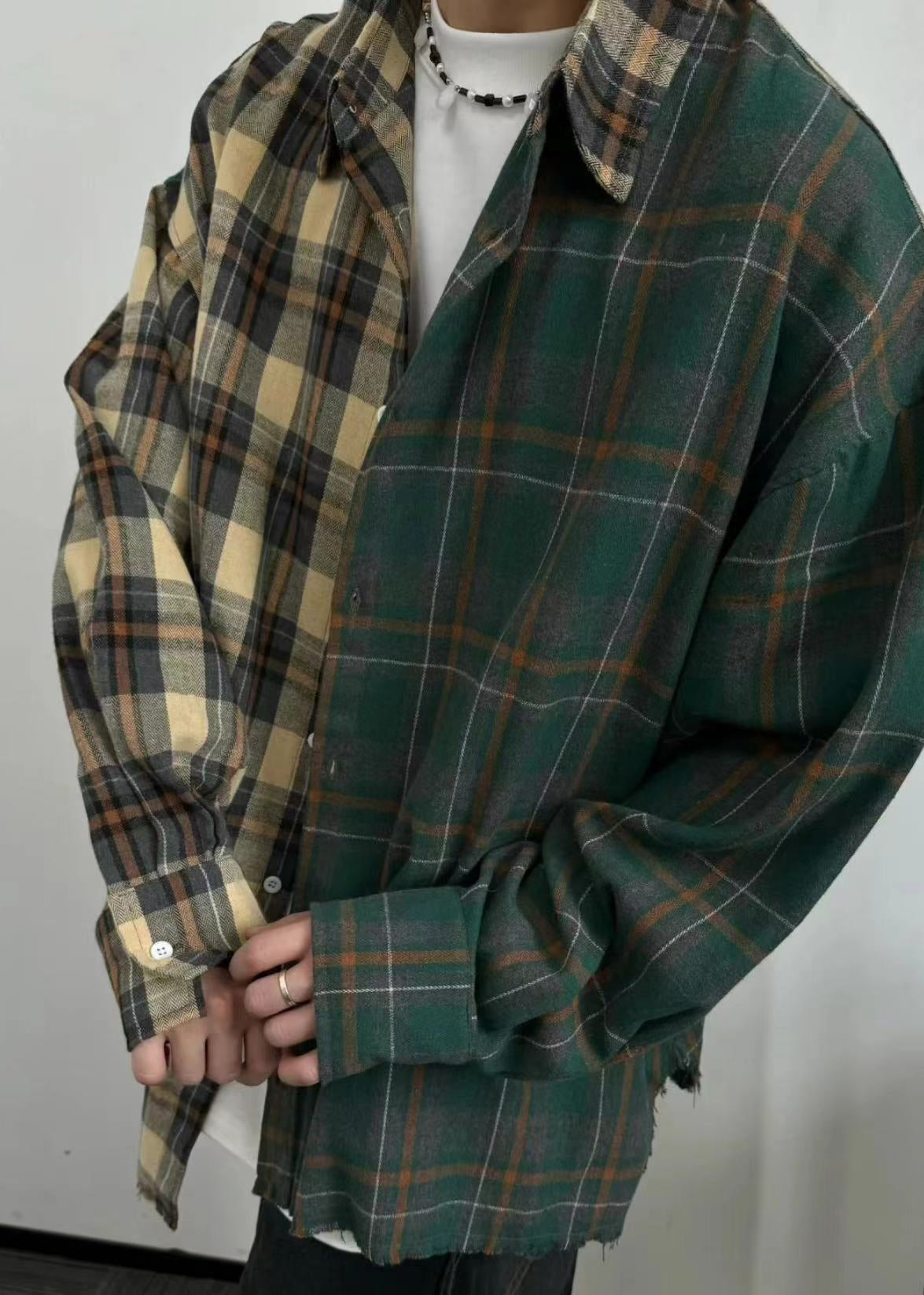 Shirts Mens Button Loose Spring Plaid Cotton Asymmetrical