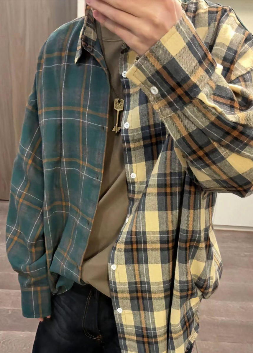 Shirts Mens Button Loose Spring Plaid Cotton Asymmetrical