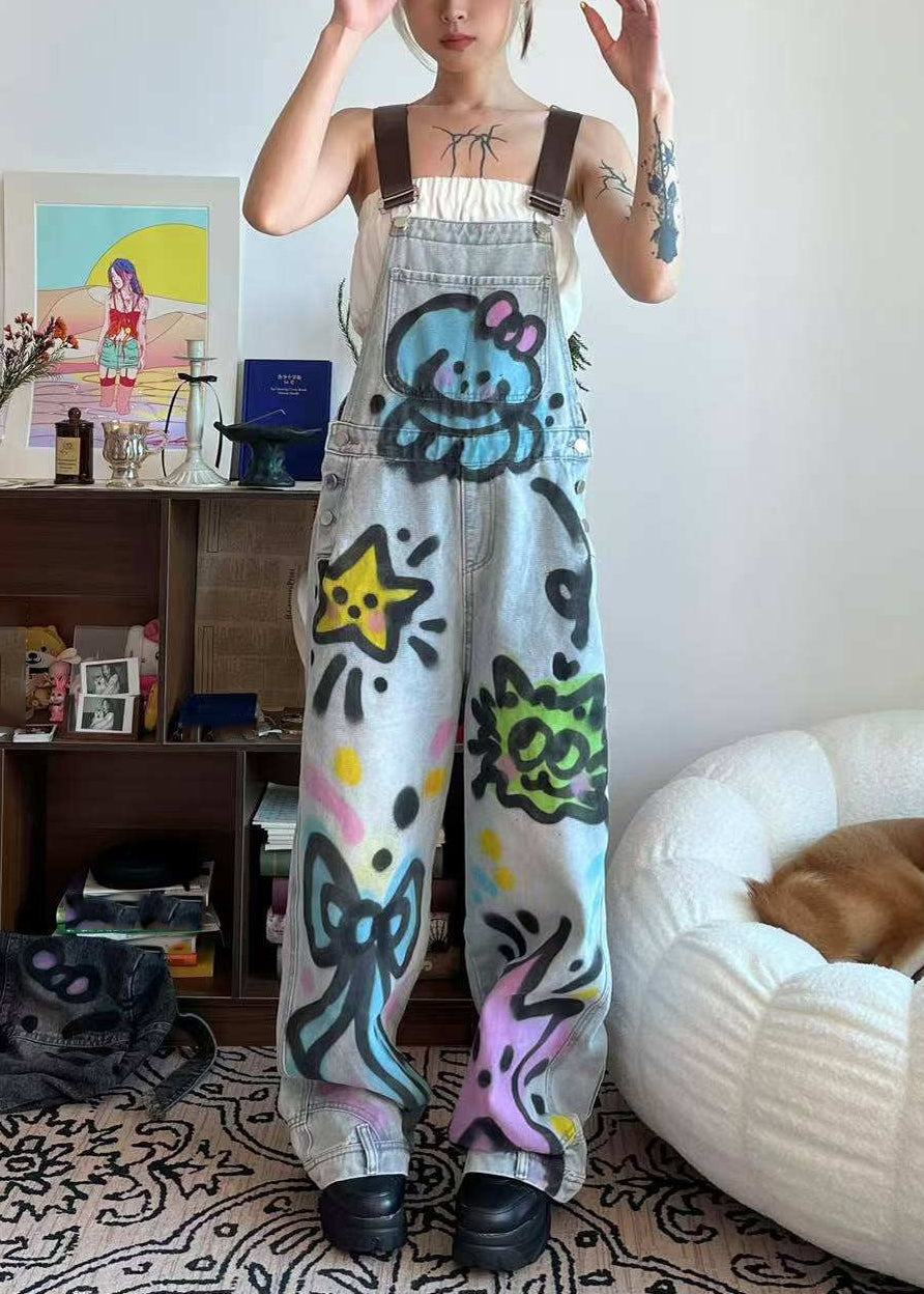 Pockets Blue Patchwork Dye Jumpsuit Denim Loose Cats Little Summer Tie