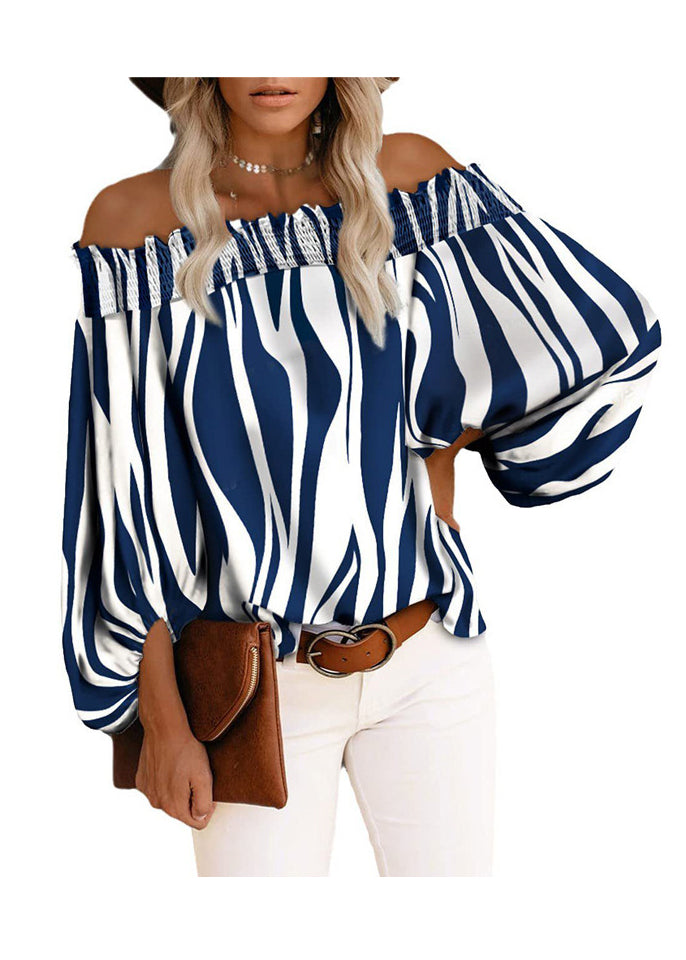 Striped Shirt Slash Loose Cotton Blue Sleeve Tops Lantern Neck
