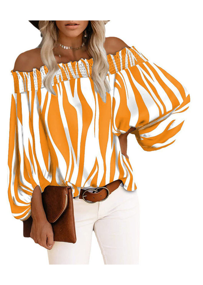 Striped Shirt Slash Loose Cotton Blue Sleeve Tops Lantern Neck