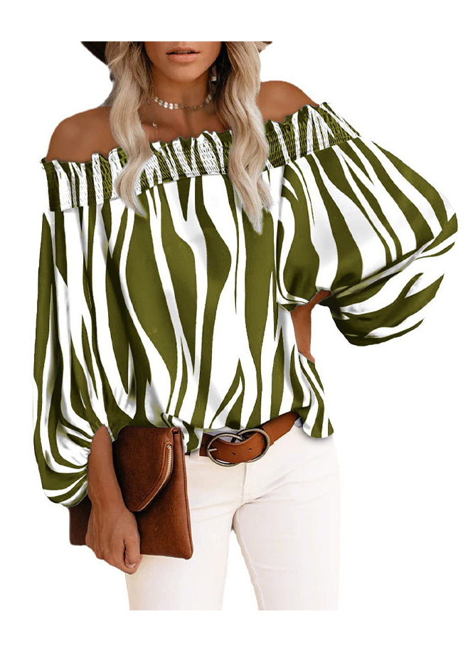 Striped Shirt Slash Loose Cotton Blue Sleeve Tops Lantern Neck