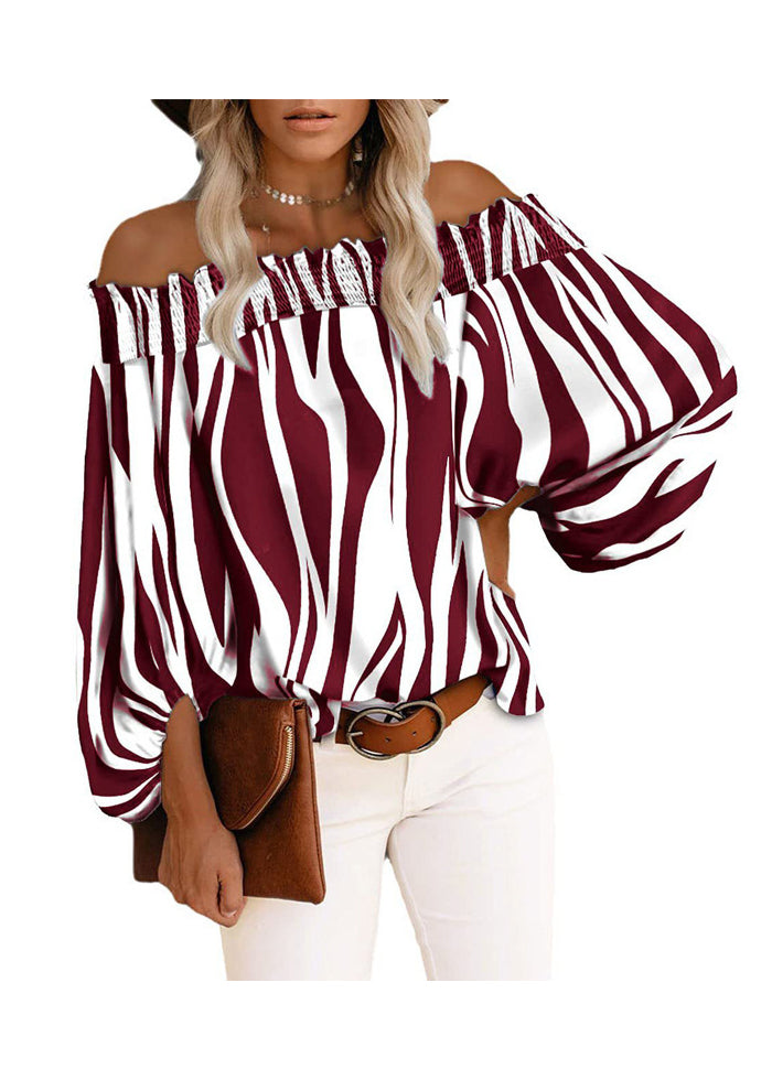 Striped Shirt Slash Loose Cotton Blue Sleeve Tops Lantern Neck