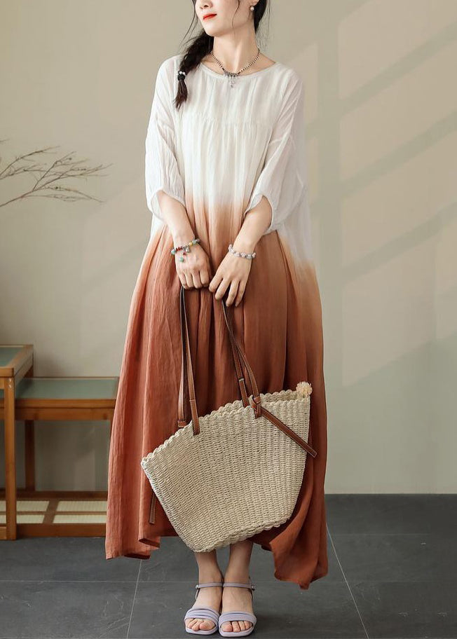 Color Half Pockets Cotton Brown Loose Sleeve Dress Gradient