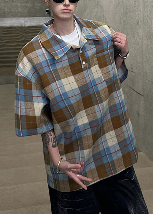 Plaid Cotton Pullover Sleeve Button Half Shirts Loose Men Coffee