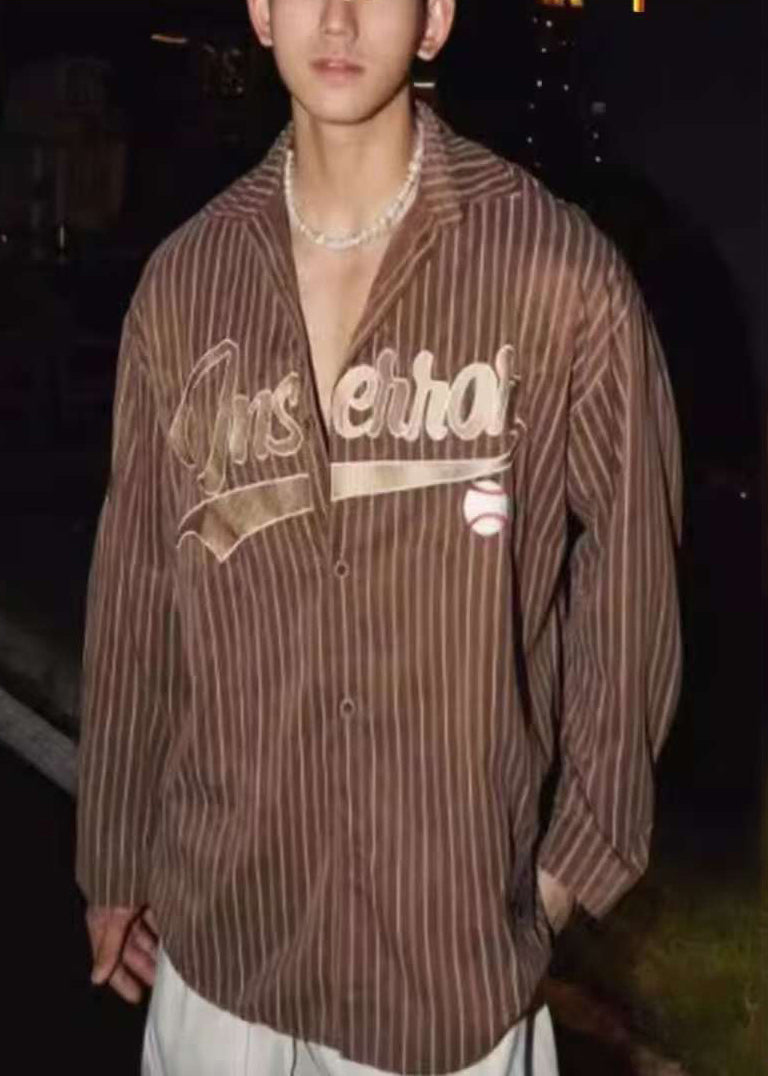 Loose Shirts Men Spring Letter Coffee Striped Cotton
