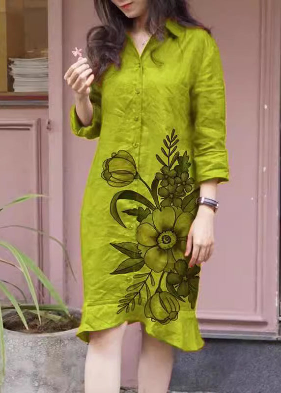 Button Peter Loose Fall Pan Shirts Dress Print Long Green Collar