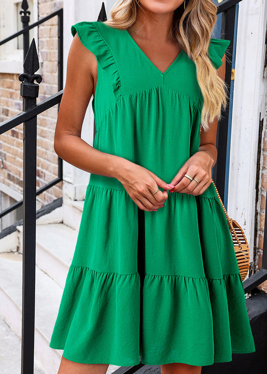 Patchwork Summe Solid V Mid Neck Loose Green Dresses