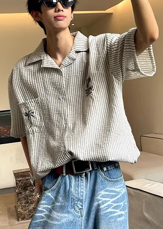 Striped Summer Collar Mens Loose Cotton Pan Pockets Shirts Peter