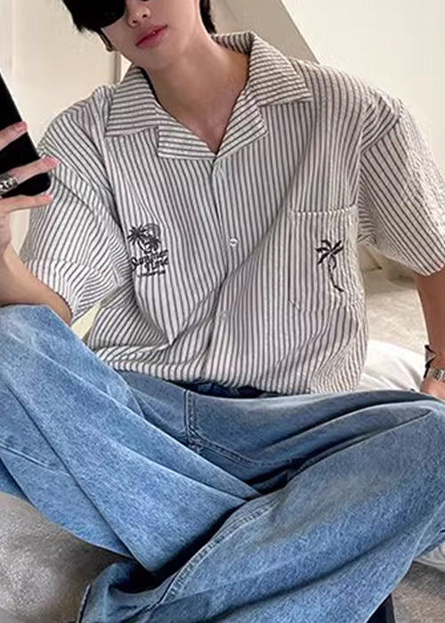 Striped Summer Collar Mens Loose Cotton Pan Pockets Shirts Peter