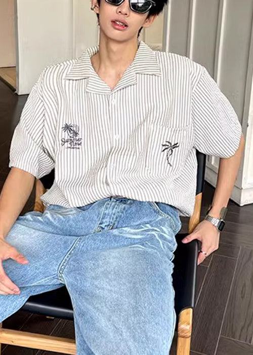 Striped Summer Collar Mens Loose Cotton Pan Pockets Shirts Peter