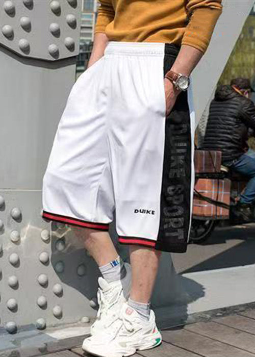White Loose Elastic Waist Pockets Patchwork Men Summer Basketball Shorts