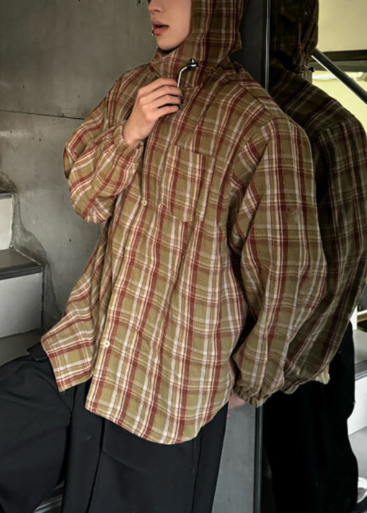 Men Plaid Hooded Cotton Spring Loose Yellow Shirts