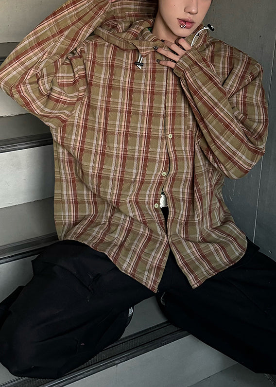 Men Plaid Hooded Cotton Spring Loose Yellow Shirts