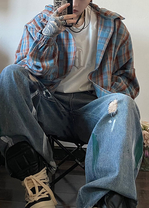 Men Plaid Hooded Cotton Spring Loose Yellow Shirts