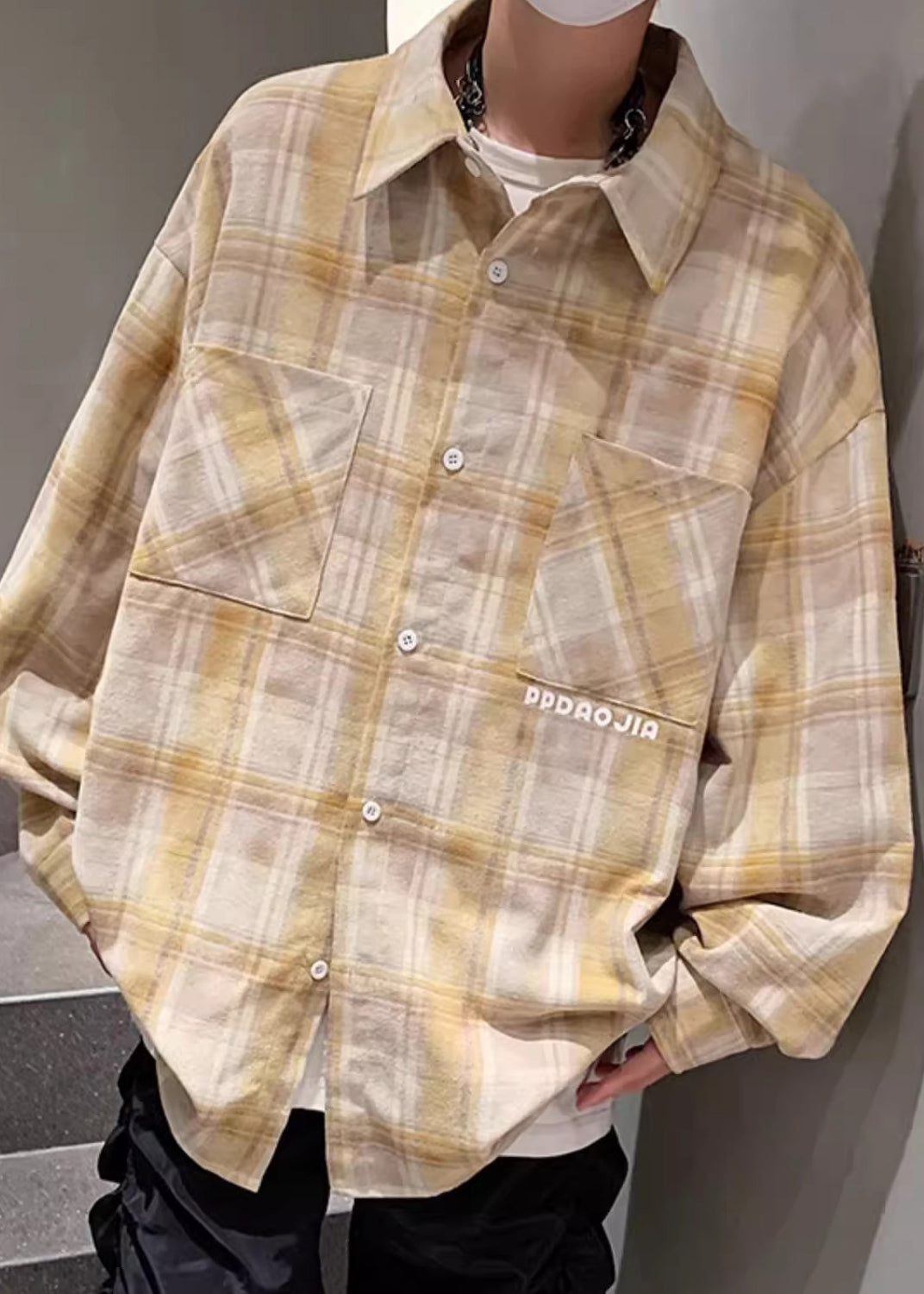Shirt Cotton Pockets Loose Spring Men Plaid Collar Pan Peter Yellow