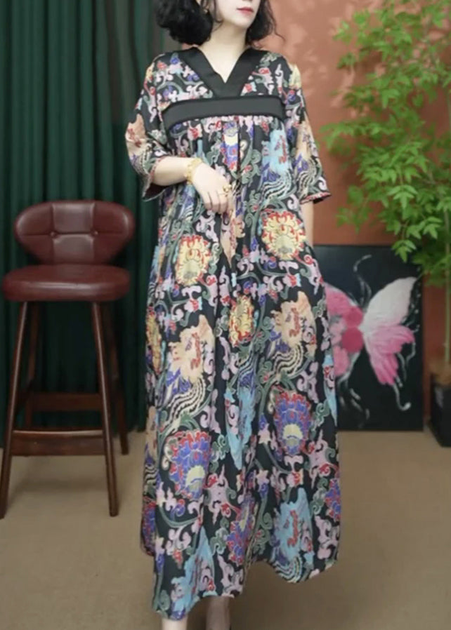 Print Dresses Long Yellow Loose Cotton Summer Neck V