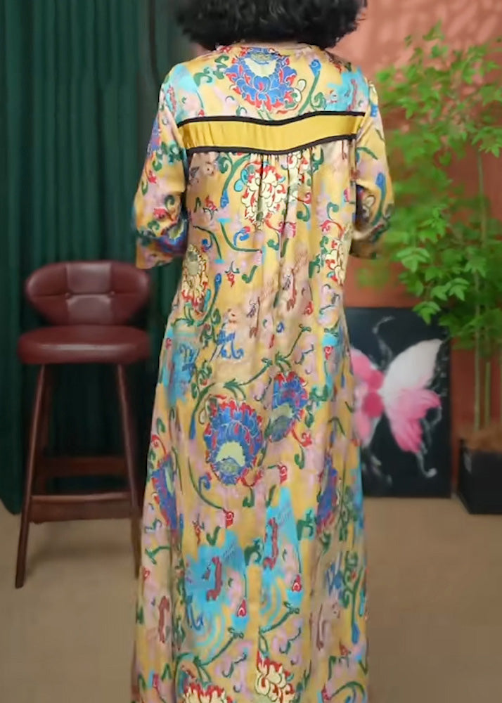 Print Dresses Long Yellow Loose Cotton Summer Neck V