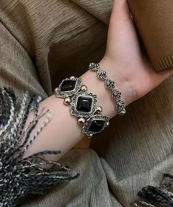 Silver Set Black Two-Piece Bracelet Sterling Floral Chain Stone Modern Gem
