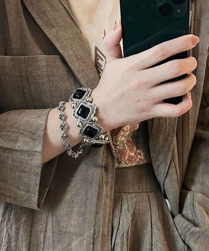 Silver Set Black Two-Piece Bracelet Sterling Floral Chain Stone Modern Gem