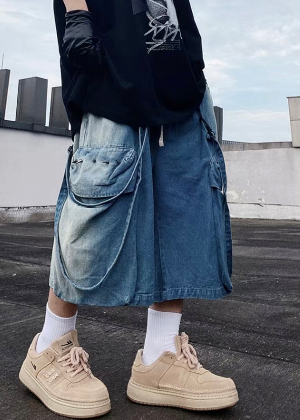 Shorts Denim Mens Summer Blue Pockets Modern Oversized