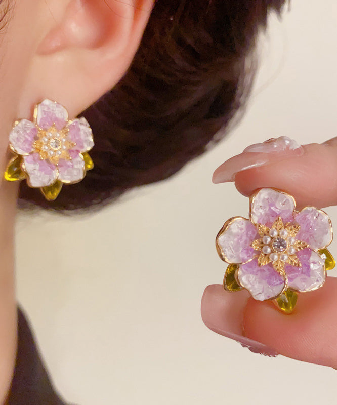 Stud Earrings Pearl Sterling Zircon Camellia Silver Overgild Modern Blue