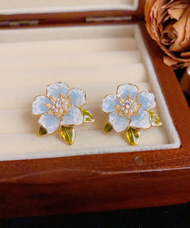 Stud Earrings Pearl Sterling Zircon Camellia Silver Overgild Modern Blue