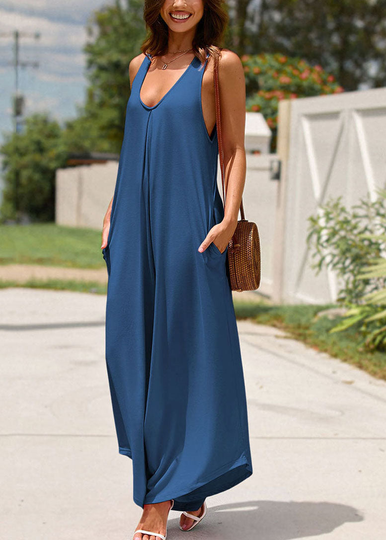 Pockets Long Strap Spaghetti Sleeveless Solid Navy