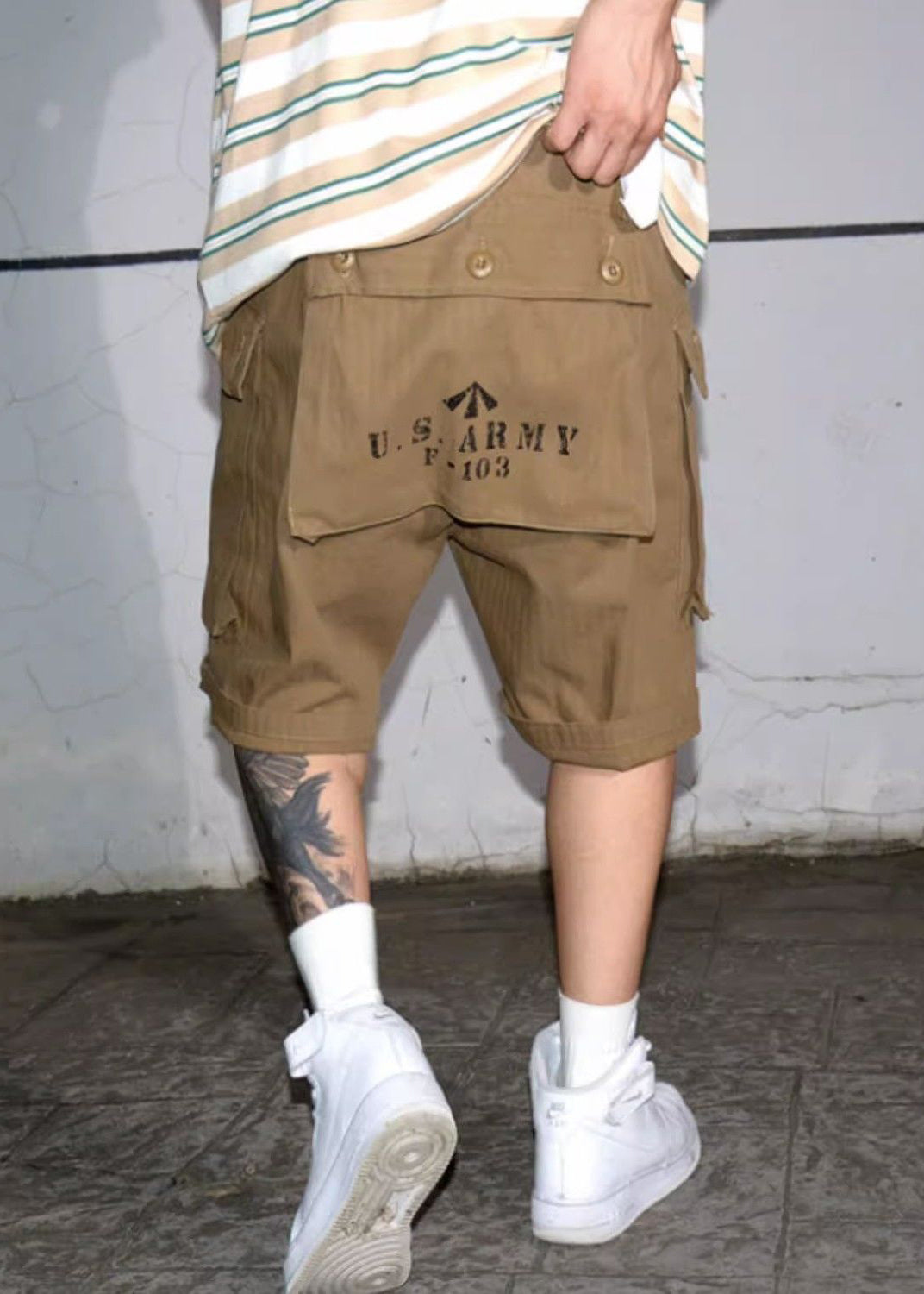 Cotton Army Print Shorts Men Pockets Waist High Green New Summer