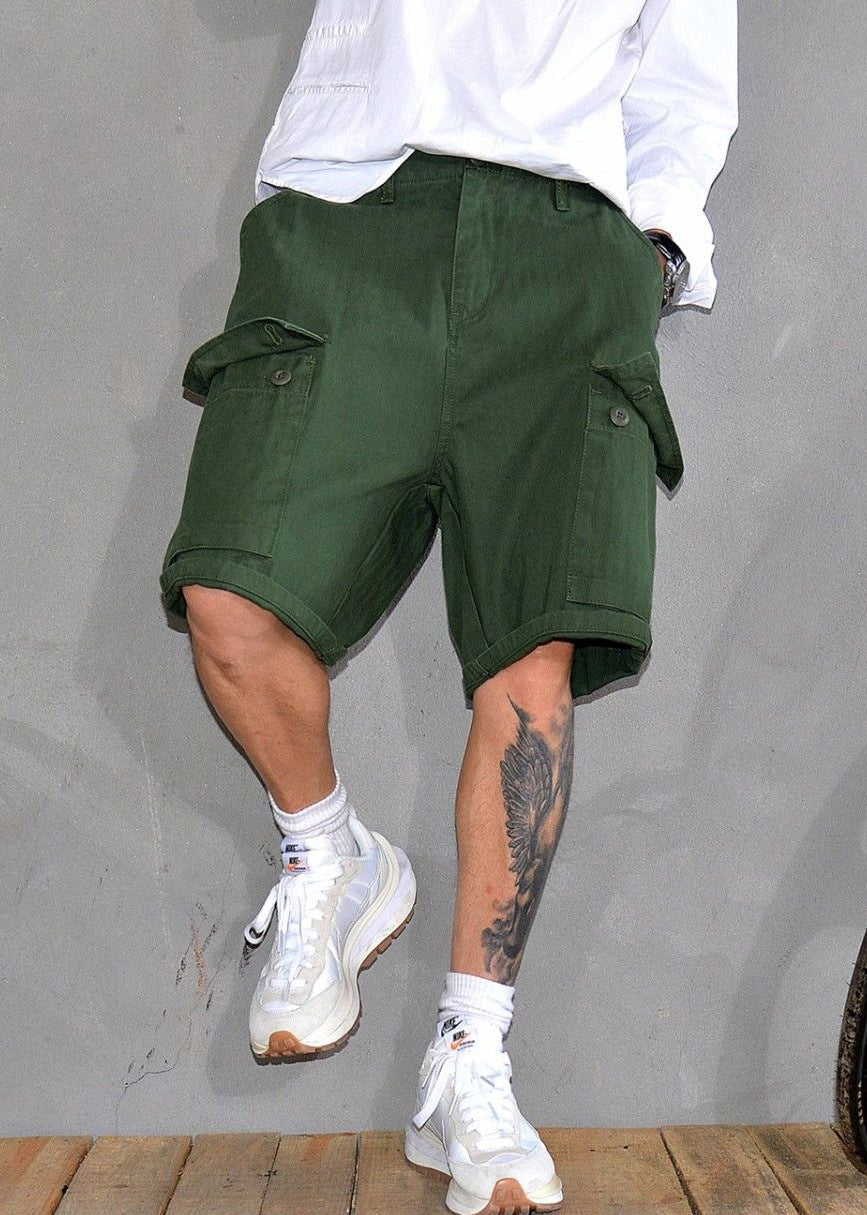 Cotton Army Print Shorts Men Pockets Waist High Green New Summer