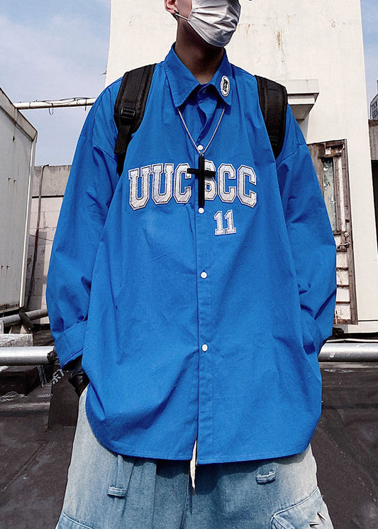 Letter Blue Oversized Cotton Button Shirts Mens Spring New