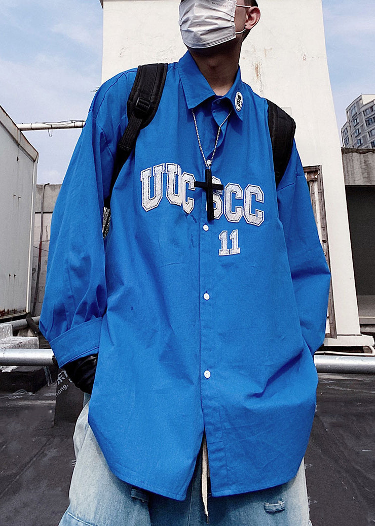 Letter Blue Oversized Cotton Button Shirts Mens Spring New