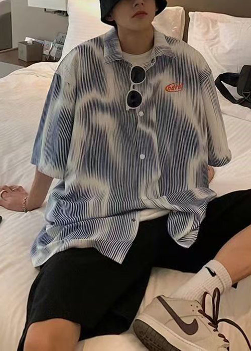 Half New Button Sleeve Striped Cotton Blue Shirts Mens