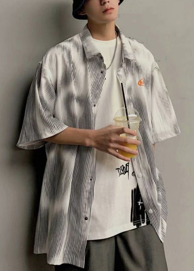 Half New Button Sleeve Striped Cotton Blue Shirts Mens