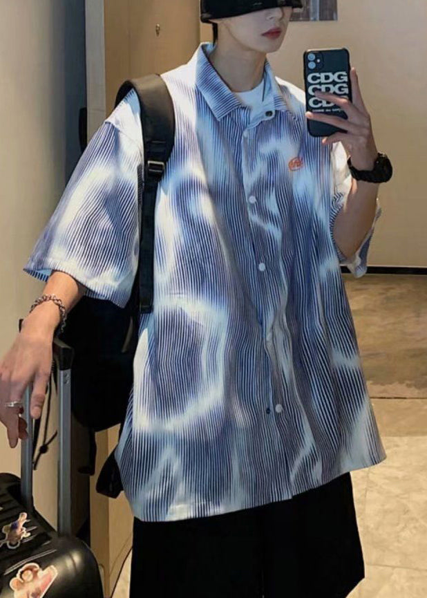 Half New Button Sleeve Striped Cotton Blue Shirts Mens