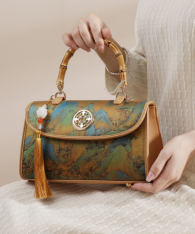 Style Chinese New Print Tote Leather Bag Tassel Calf