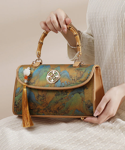 Style Chinese New Print Tote Leather Bag Tassel Calf
