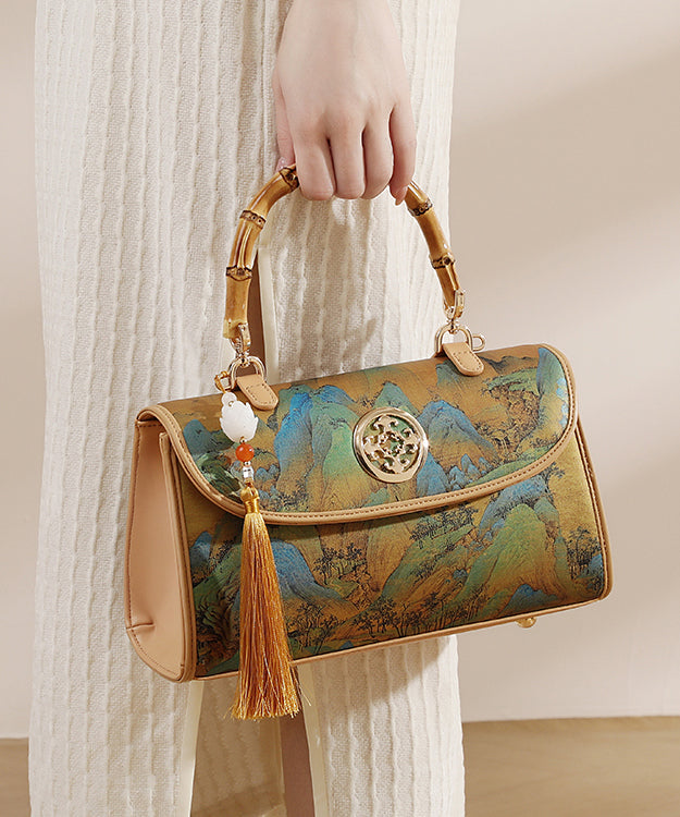 Style Chinese New Print Tote Leather Bag Tassel Calf