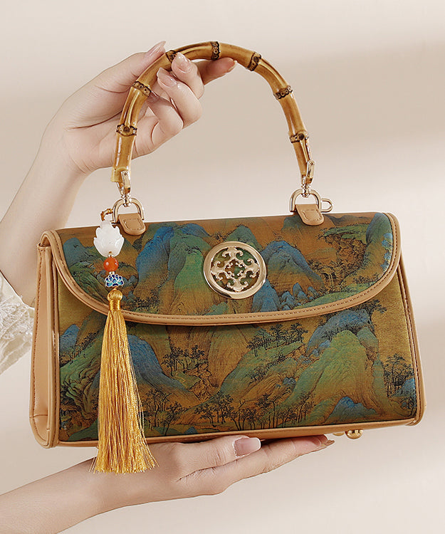 Style Chinese New Print Tote Leather Bag Tassel Calf