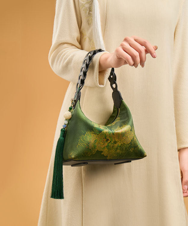 Retro New Green Print Blackish Silk Tassel Bag Tote