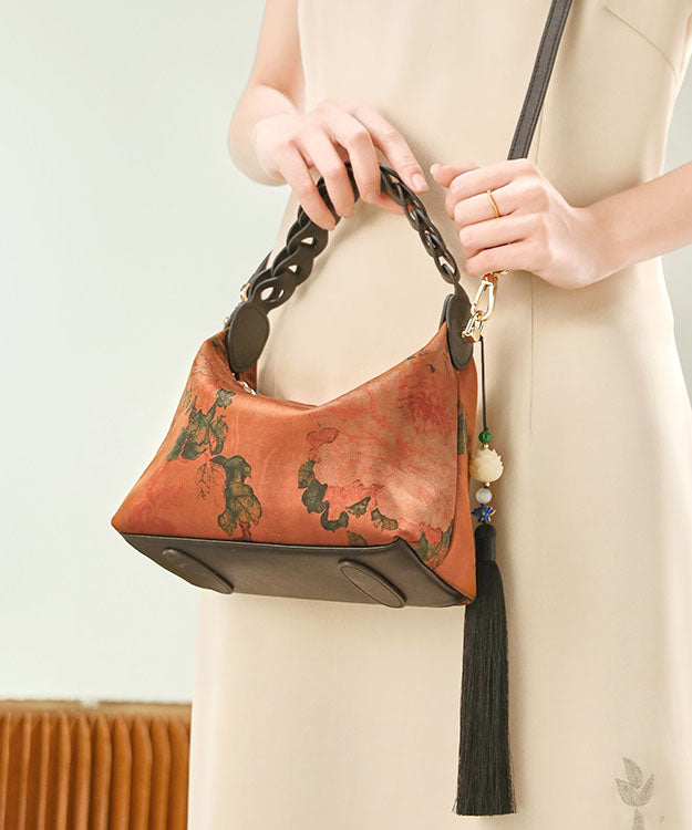 Retro New Green Print Blackish Silk Tassel Bag Tote