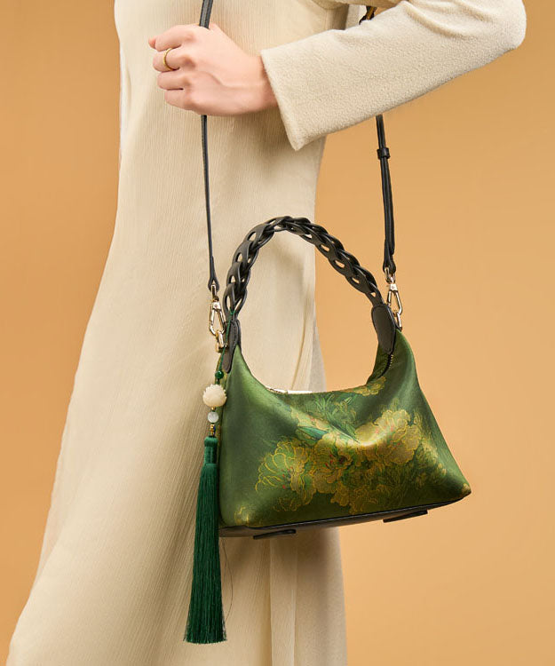 Retro New Green Print Blackish Silk Tassel Bag Tote