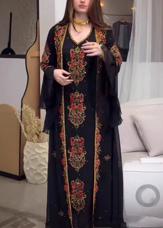 Pieces Robe Style Embroidered Two Set Dress New Summer Black