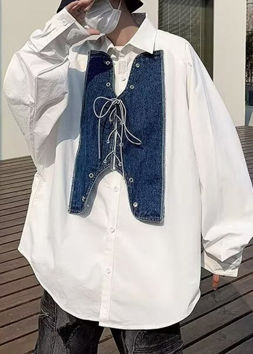 Denim Mens Shirt Patchwork Up New White Lace Spring