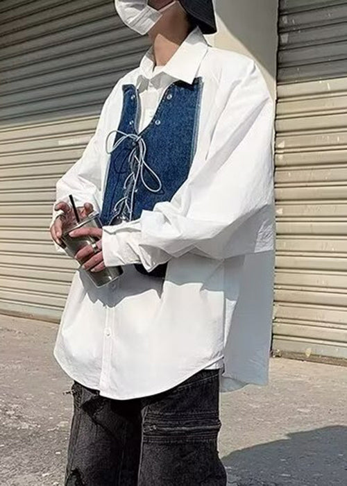 Denim Mens Shirt Patchwork Up New White Lace Spring
