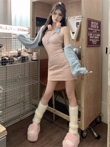 Pastel Pink Blue K-pop Style Outfit Dress and Sweater Set ON961 MK Kawaii Store